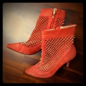 Zara Red suede zip bootie with gold studs